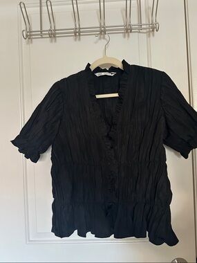 Zara Black Crinkled Ruffle-Trim Button Blouse